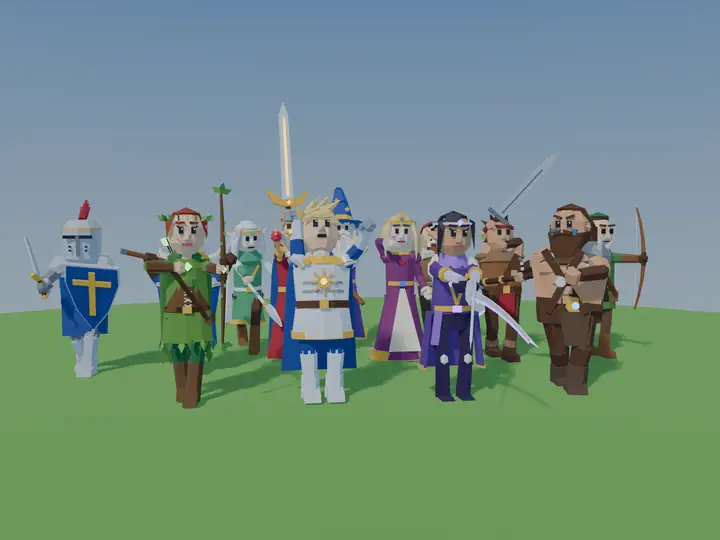 Thirteen low poly fantasy characters standing in a row: knights, archers, a dwarf, a king and queen, mages and elves.