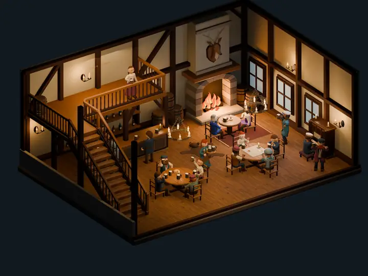 A cutaway of a two-storey timber tavern: bar, fireplace, gallery and stairs, with patrons at the tables.